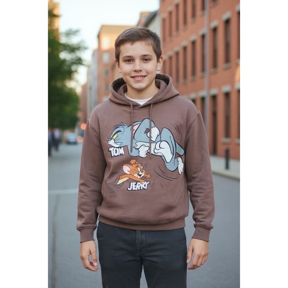 Tom and Jerry Other - Tom and Jerry Youth Hoodie Brown‎ Graphic Sweatshirt Sz Med